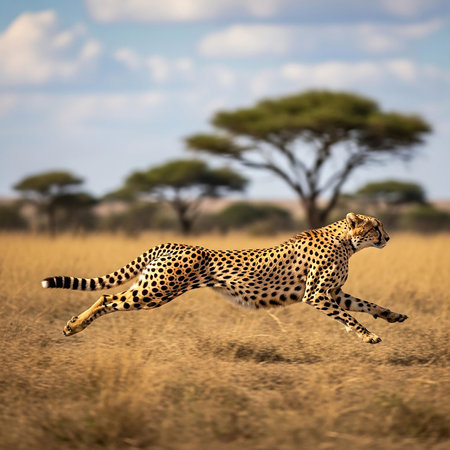 Cheetah running in savannah, Maasai Mara National Park, Kenya, Africaの写真素材