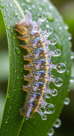 Close up of a caterpillar on a leaf with water dropletsの写真素材