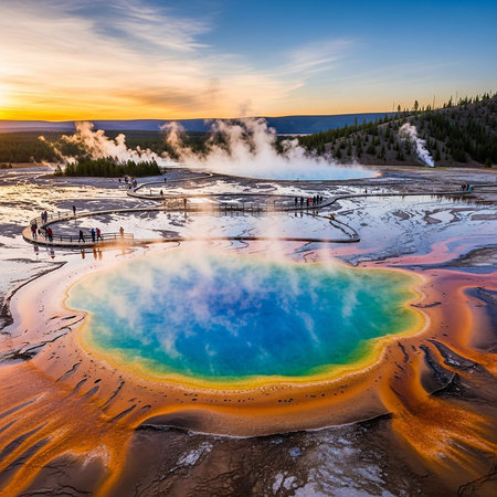 Grand Prismatic Spring at Sunset, Yellowstone National Park, Wyoming, USAの写真素材