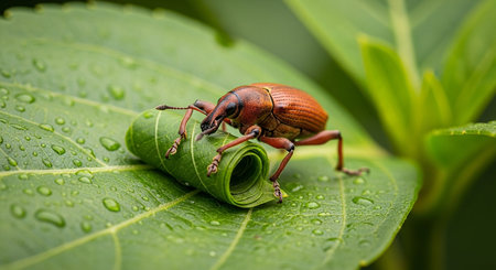 Beetle on a leaf in the rain. Close up.の写真素材