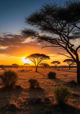Sunset over Serengeti National Park in Tanzania, Africaの写真素材