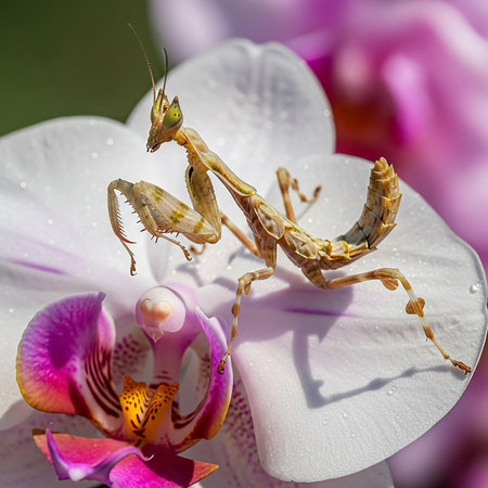 Praying mantis (Mantis religiosa) on white orchidの写真素材