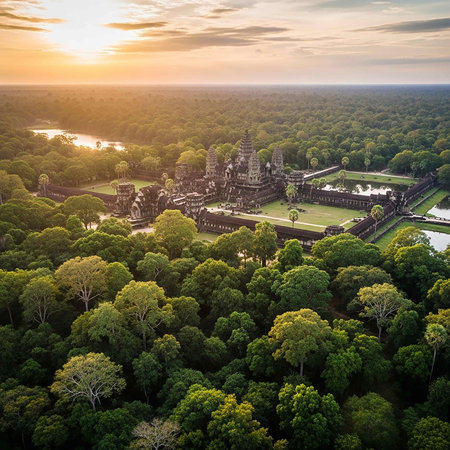 Aerial view of Angkor Wat at sunset, Siem Reap, Cambodiaの写真素材