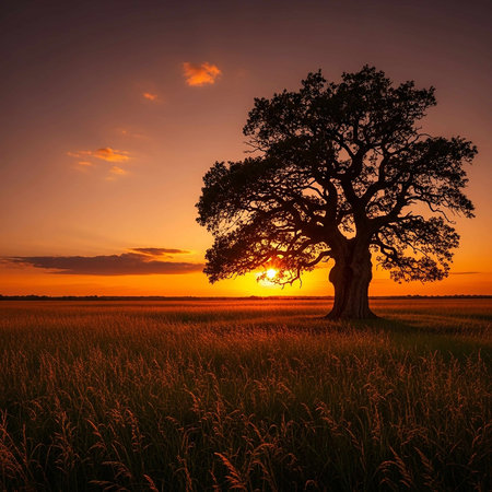 Sunset over a lonely tree in a field in the countrysideの写真素材