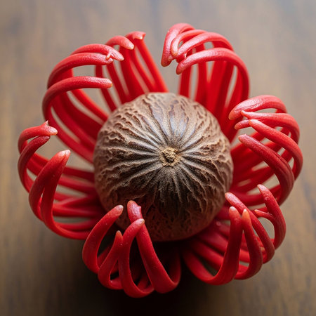 Close up of a red flower on a wooden table. Shallow depth of field.の写真素材