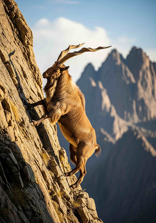 Alpine Ibex (Capra ibex) climbing on a cliffの写真素材