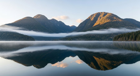 Mountain lake in the morning with fog and reflection in water.の写真素材