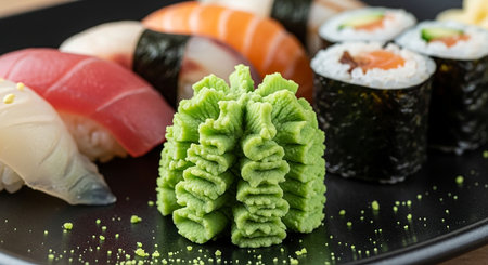 Sushi set on a black plate. Japanese cuisine. Close upの写真素材