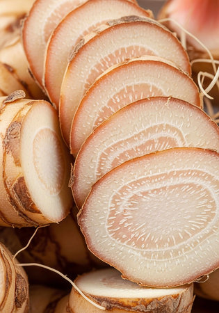 fresh taro root on wooden table, top view, close upの写真素材