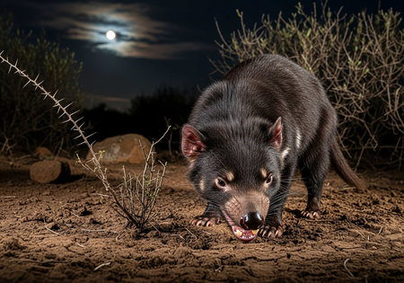 Tasmanian devil in the desert at night.の写真素材