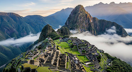 Machu Picchu, Peru, South America. Panoramic view of Machu Picchu is a UNESCO World Heritage Site.の写真素材
