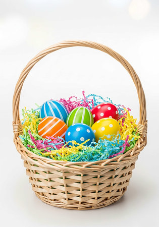 Colorful easter eggs in a basket isolated on white background.