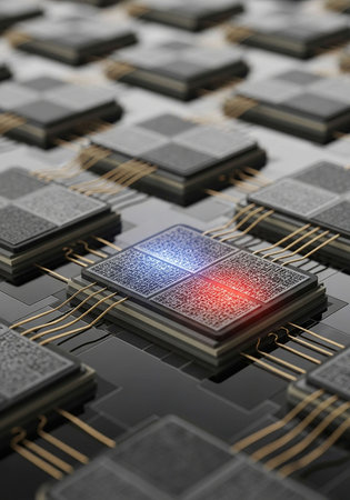 Circuit board with microchips, close-up. 3D rendering