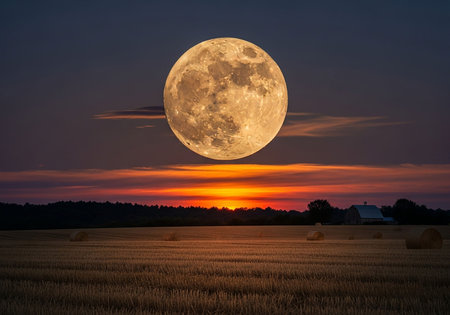 Full moon over the field at sunset. Rural landscape in summer.の写真素材