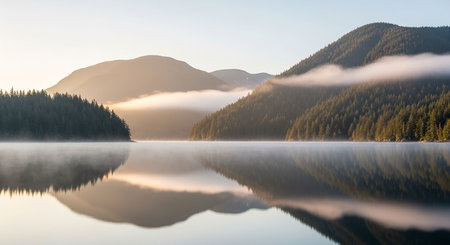 Mountain lake in the morning mist at sunrise. Beautiful summer landscape.の写真素材