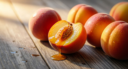 Ripe peaches on a wooden table. Close-up.の写真素材