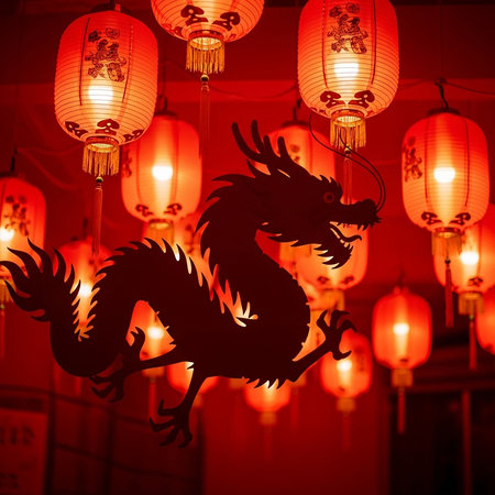 Chinese dragon in chinese lanterns, Chinese New Year background.の写真素材