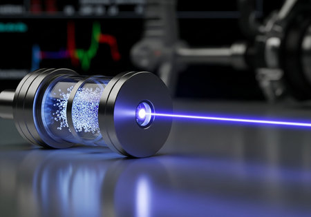3d rendering of a blue laser in a dark room with a glowing backgroundの写真素材