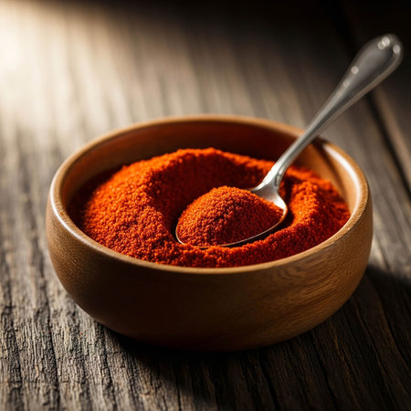 Red paprika powder in a wooden bowl on a rustic tableの写真素材