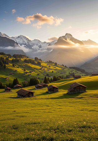 Idyllic alpine landscape in the Swiss Alps at sunset.の写真素材