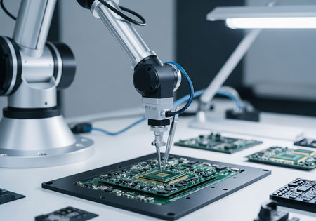 Robotic arm working on circuit board in laboratory. 3D renderingの写真素材