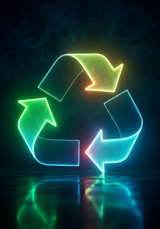Glowing neon recycle symbol on dark background. 3D Renderingの写真素材