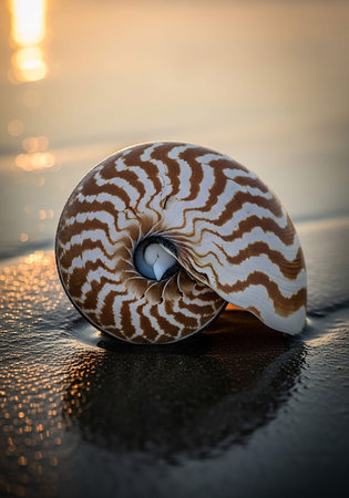 nautilus shell on the beach with sunset, shallow dofの写真素材