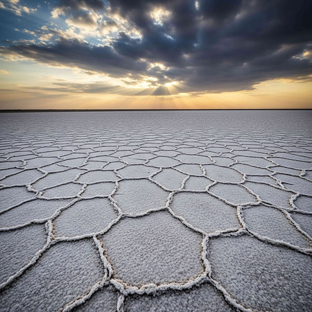 Salt lake in the sunset. Salt evaporation ponds in Salar de Uyuni, Boliviaの写真素材