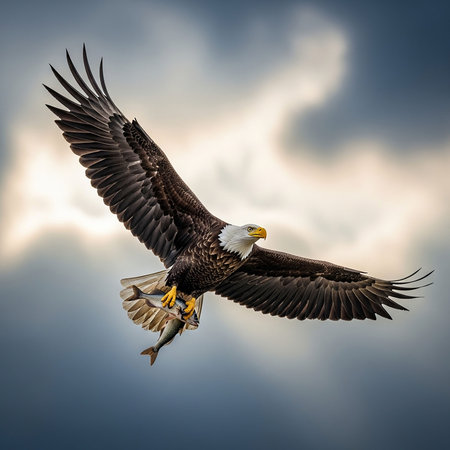 Bald Eagle in flight with a fish in its beak.