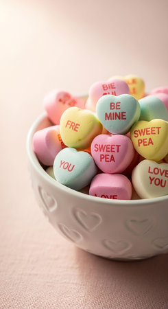 Heart shaped candies in a bowl on pink background with copy spaceの写真素材