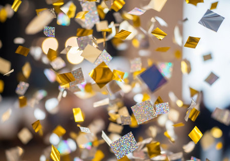 Silver and gold confetti on bokeh background. Christmas and New Year concept.の写真素材