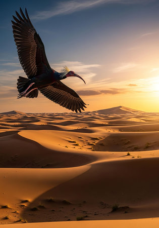 Northern bald ibis (Geronticus eremita) in the Sahara desert, Moroccoの写真素材