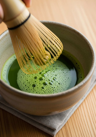 Matcha green tea with bamboo whisk on wooden table, closeup