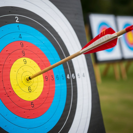 Archery target with arrows, focus on the center of the targetの写真素材