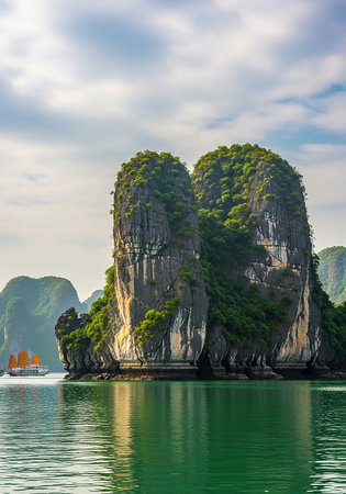 Limestone islands in Halong bay, Vietnam. Popular tourist destination in Asia.の写真素材