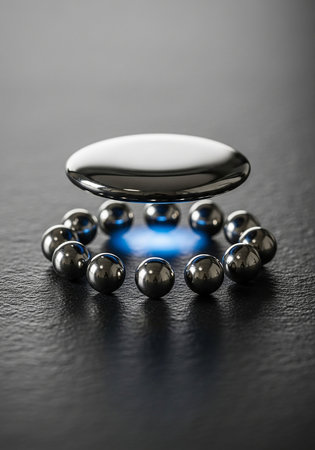 Silver sphere floating above a group of smaller spheres on a black surface.の写真素材