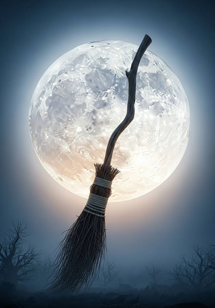 Halloween background with witch's broom and full moon. 3d renderの写真素材