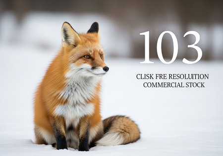 Red fox sitting in the snow and looking at the cameraの写真素材