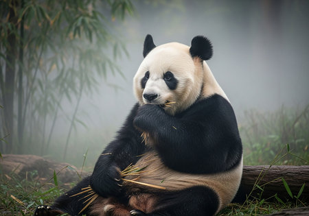 Giant panda eating bamboo in Chengdu, Sichuan Province, Chinaの写真素材