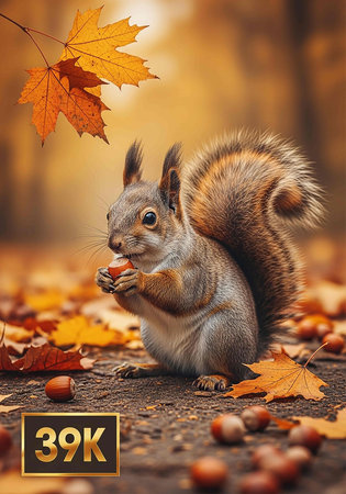 Squirrel with nuts and autumn leaves on the background of autumn forestの写真素材