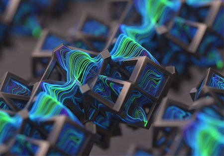 Abstract 3d rendering of chaotic geometric shapes. Multicolored glowing cubes in empty space.の写真素材