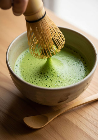 Matcha green tea with bamboo whisk on wooden table, stock photo