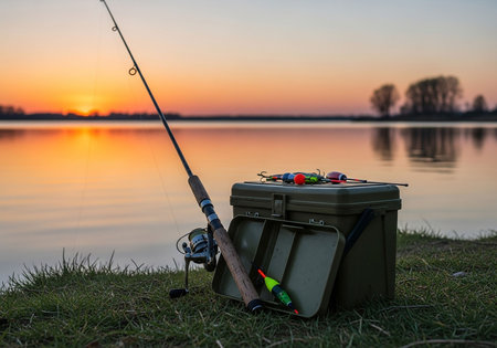 Fishing tackle on the bank of the river at sunset. Fishing tackle.の写真素材