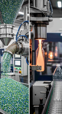 Production line of the plastic bottle on the conveyor belt. Industrial background.