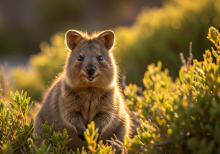 Cute marmot (dassie) in the sunset lightの写真素材