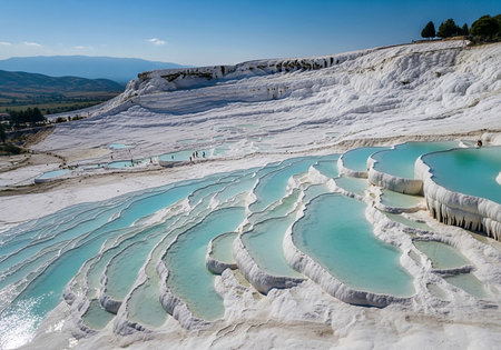 Travertine pools and terraces in Pamukkale, Turkeyの写真素材