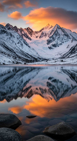 Mountains reflected in a lake at sunset. Lofoten islands, Norway