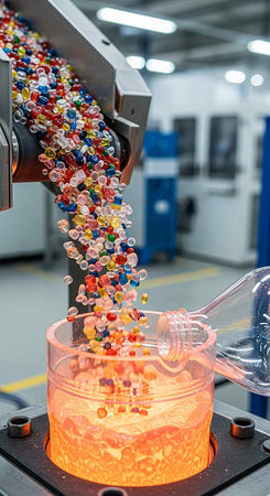 Filling the plastic bottle with color beads. Production of plastic bottles.