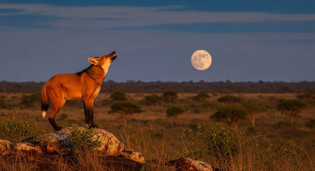 Wild dog looking at the full moon in a savannaの写真素材