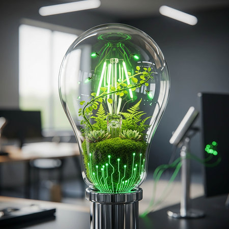 Glass lightbulb with green plant inside placed on desk in office